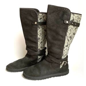 $195 Women's UGG Marielle Tall Black Leather Boots w/ Lace Overlay 6